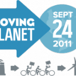 The Moving Planet 2011 logo with blue arrow and text